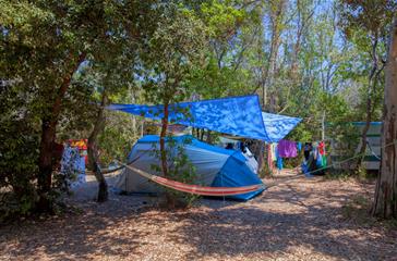 Tent pitch in the forest near the naturist beaches of Corsica