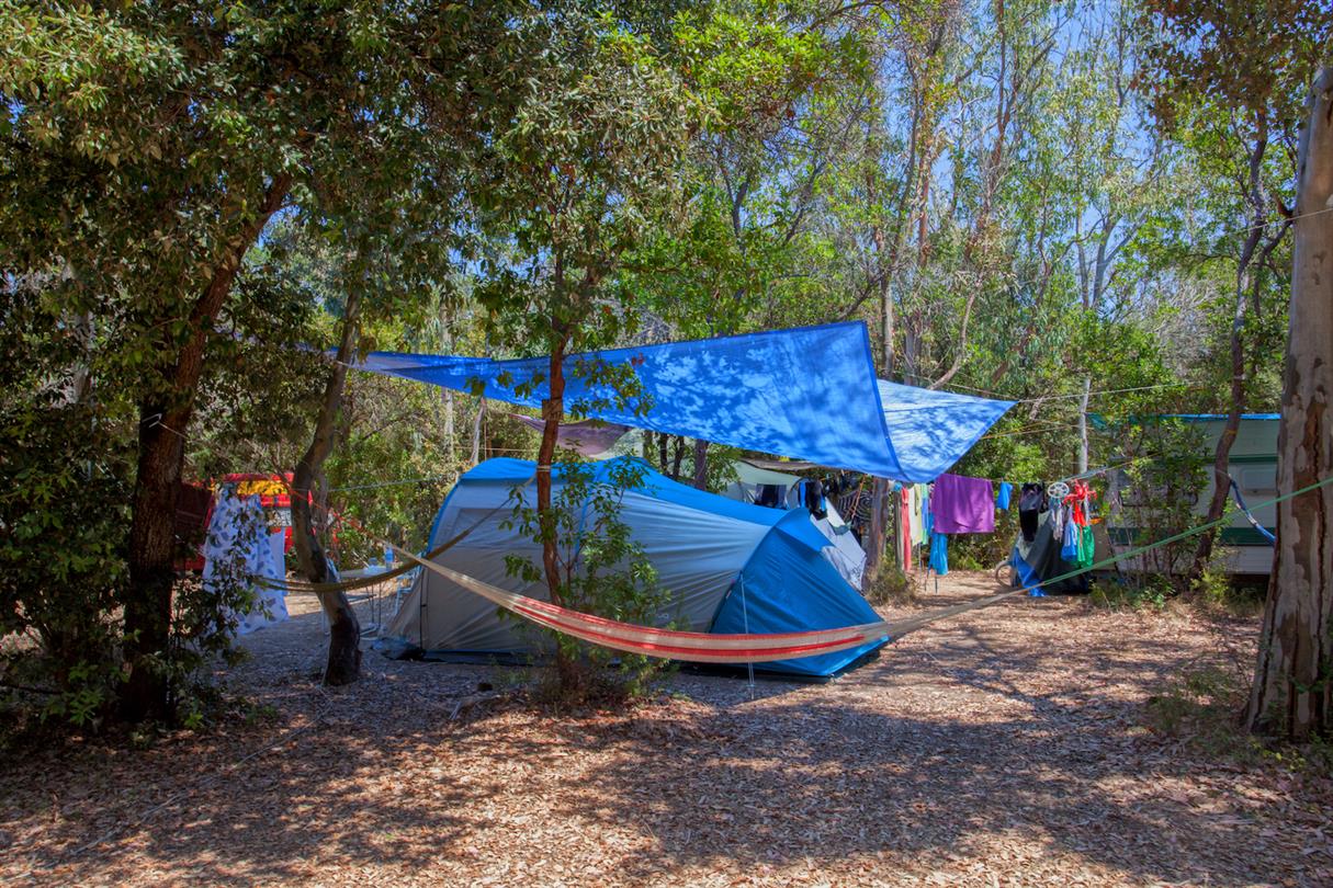 Tent pitch in the forest near the naturist beaches of Corsica