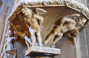 Sculpted angels from the pulpit of Saint Erasme Cervione church near Corsica naturist campsite