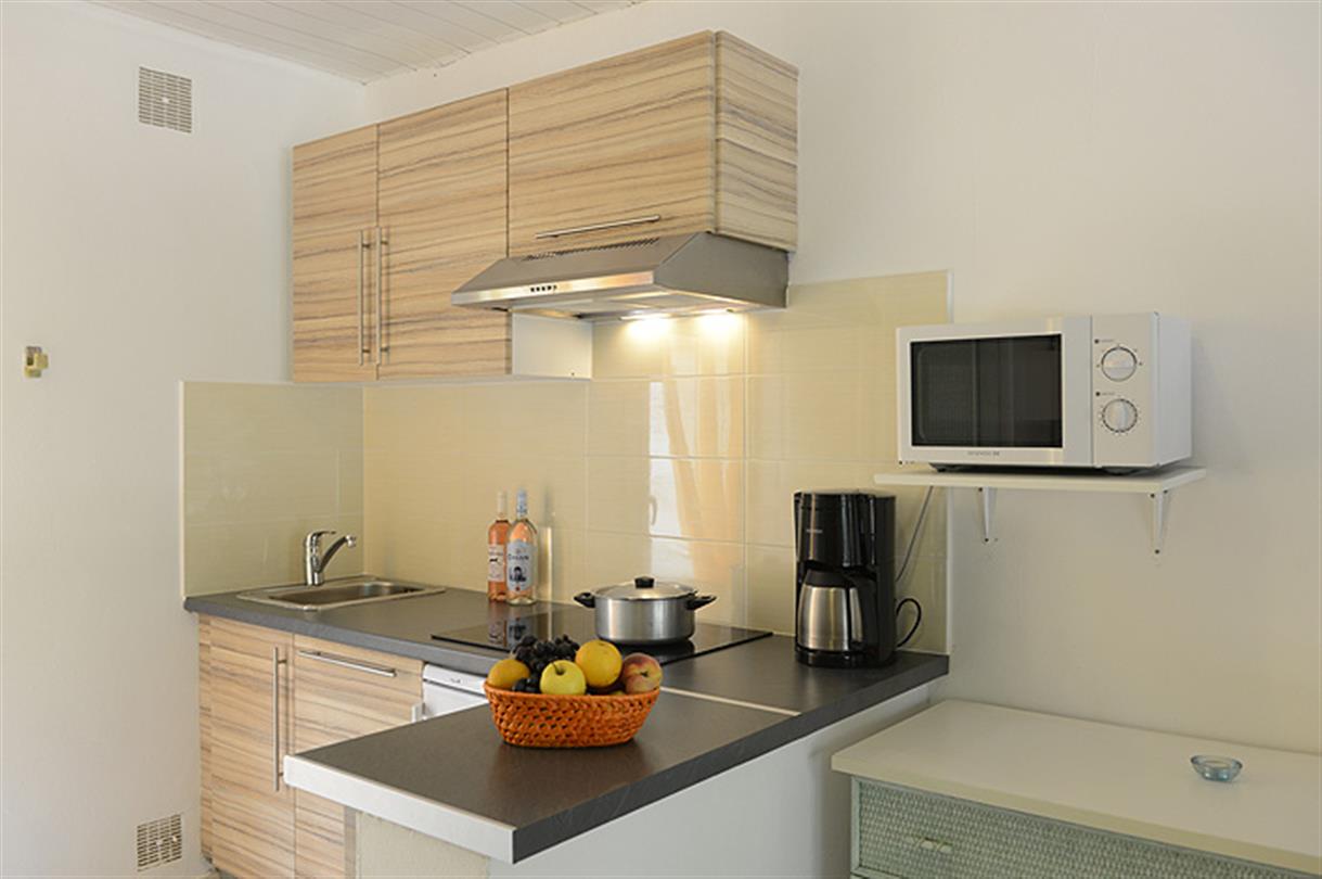 Kitchen of the studio, villa, in naturist residence and campsite in Corsica, near nudist beach
